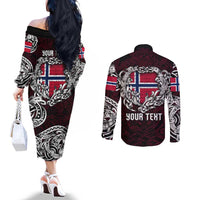 Personalized Norway Viking Blood Couples Matching Off The Shoulder Long Sleeve Dress and Long Sleeve Button Shirt Nordic Runes and Shield of Ancestry in Tribal Knotwork