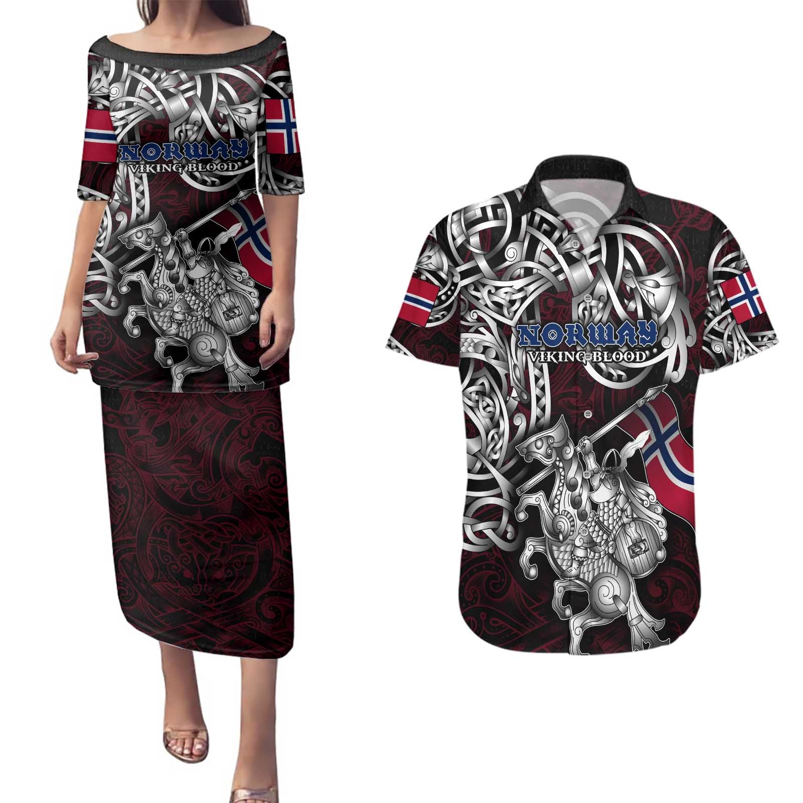 Personalized Norway Viking Blood Couples Matching Puletasi and Hawaiian Shirt Nordic Runes and Shield of Ancestry in Tribal Knotwork