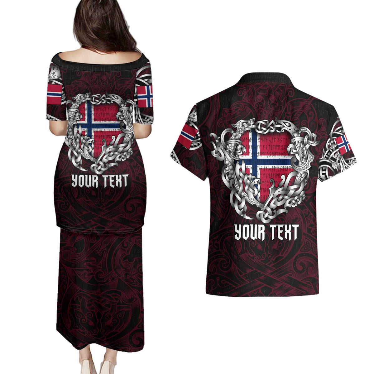 Personalized Norway Viking Blood Couples Matching Puletasi and Hawaiian Shirt Nordic Runes and Shield of Ancestry in Tribal Knotwork