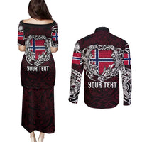 Personalized Norway Viking Blood Couples Matching Puletasi and Long Sleeve Button Shirt Nordic Runes and Shield of Ancestry in Tribal Knotwork