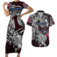 Personalized Norway Viking Blood Couples Matching Short Sleeve Bodycon Dress and Hawaiian Shirt Nordic Runes and Shield of Ancestry in Tribal Knotwork