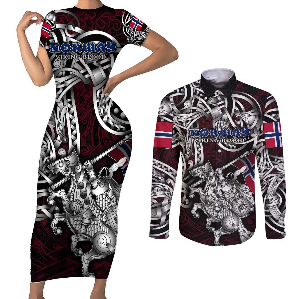 Personalized Norway Viking Blood Couples Matching Short Sleeve Bodycon Dress and Long Sleeve Button Shirt Nordic Runes and Shield of Ancestry in Tribal Knotwork