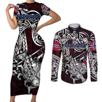 Personalized Norway Viking Blood Couples Matching Short Sleeve Bodycon Dress and Long Sleeve Button Shirt Nordic Runes and Shield of Ancestry in Tribal Knotwork