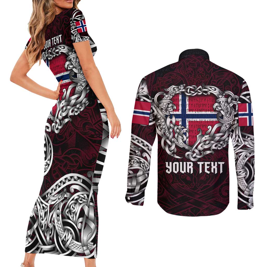 Personalized Norway Viking Blood Couples Matching Short Sleeve Bodycon Dress and Long Sleeve Button Shirt Nordic Runes and Shield of Ancestry in Tribal Knotwork