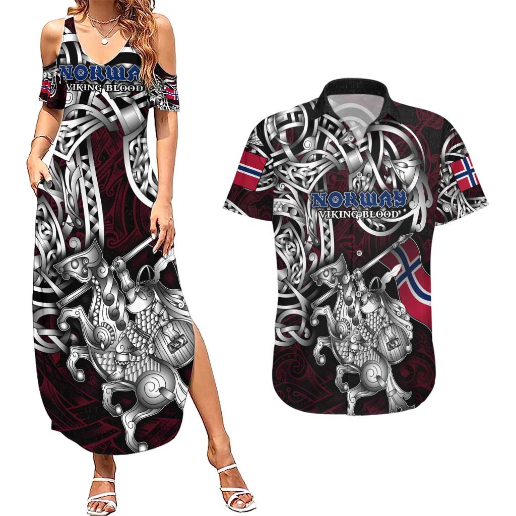 Personalized Norway Viking Blood Couples Matching Summer Maxi Dress and Hawaiian Shirt Nordic Runes and Shield of Ancestry in Tribal Knotwork