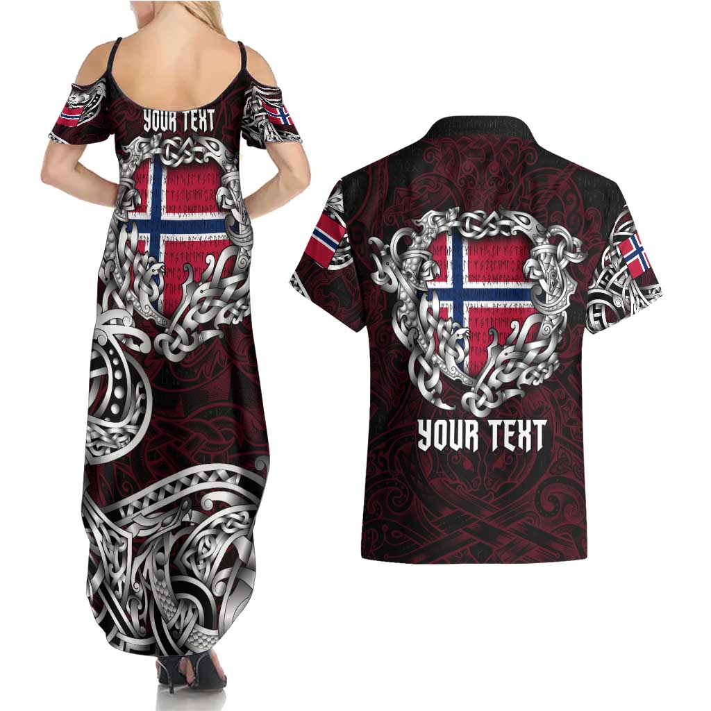 Personalized Norway Viking Blood Couples Matching Summer Maxi Dress and Hawaiian Shirt Nordic Runes and Shield of Ancestry in Tribal Knotwork