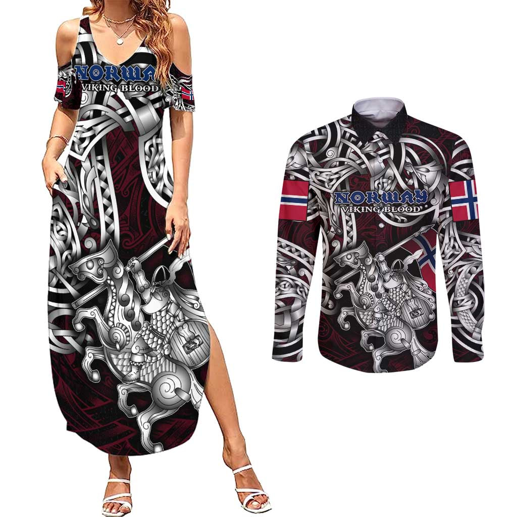 Personalized Norway Viking Blood Couples Matching Summer Maxi Dress and Long Sleeve Button Shirt Nordic Runes and Shield of Ancestry in Tribal Knotwork