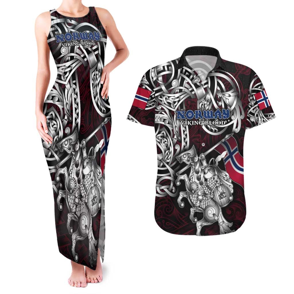 Personalized Norway Viking Blood Couples Matching Tank Maxi Dress and Hawaiian Shirt Nordic Runes and Shield of Ancestry in Tribal Knotwork