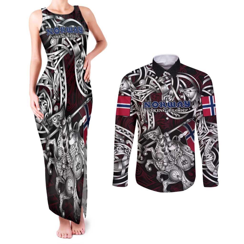 Personalized Norway Viking Blood Couples Matching Tank Maxi Dress and Long Sleeve Button Shirt Nordic Runes and Shield of Ancestry in Tribal Knotwork
