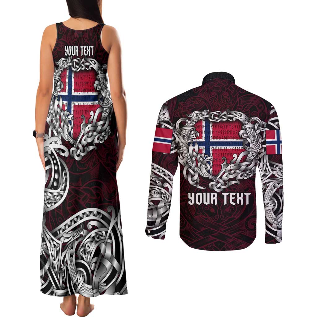Personalized Norway Viking Blood Couples Matching Tank Maxi Dress and Long Sleeve Button Shirt Nordic Runes and Shield of Ancestry in Tribal Knotwork