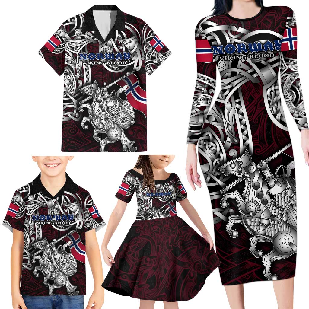Personalized Norway Viking Blood Family Matching Long Sleeve Bodycon Dress and Hawaiian Shirt Nordic Runes and Shield of Ancestry in Tribal Knotwork