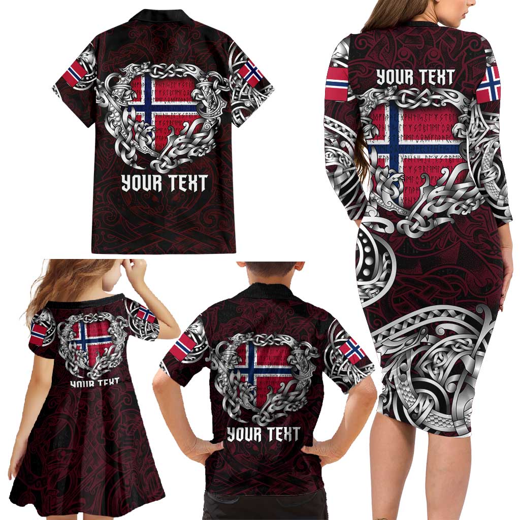 Personalized Norway Viking Blood Family Matching Long Sleeve Bodycon Dress and Hawaiian Shirt Nordic Runes and Shield of Ancestry in Tribal Knotwork