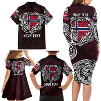 Personalized Norway Viking Blood Family Matching Long Sleeve Bodycon Dress and Hawaiian Shirt Nordic Runes and Shield of Ancestry in Tribal Knotwork