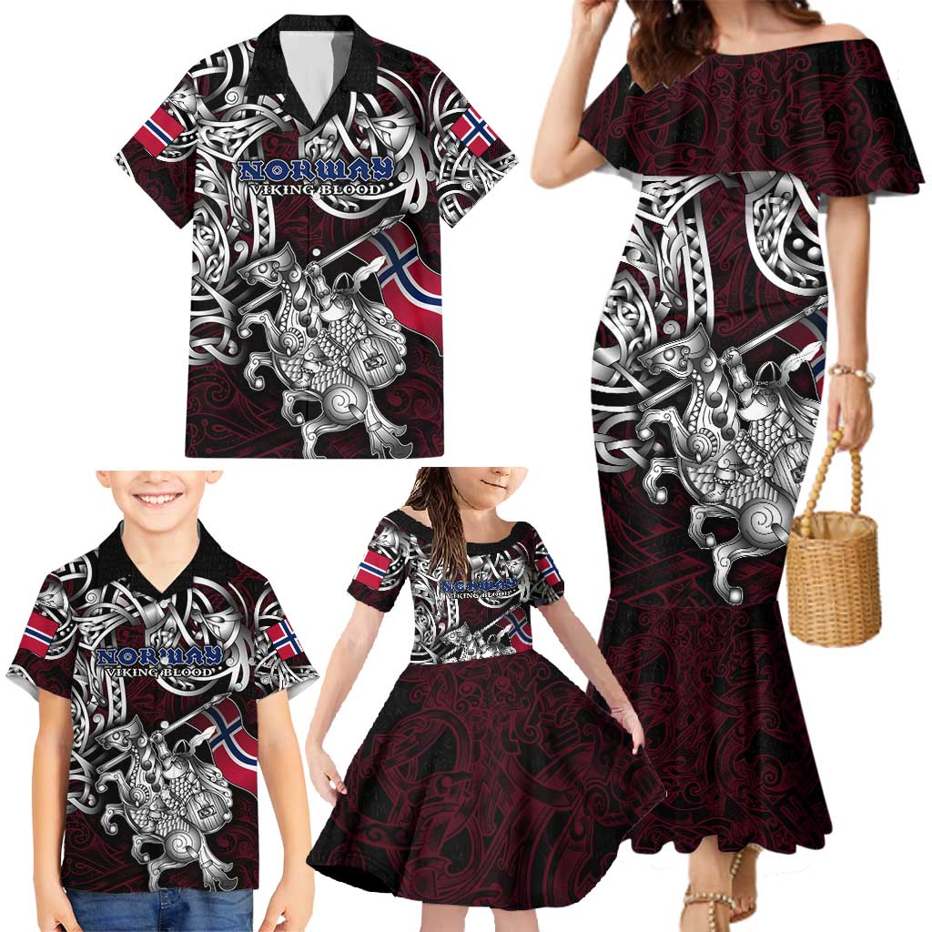 Personalized Norway Viking Blood Family Matching Mermaid Dress and Hawaiian Shirt Nordic Runes and Shield of Ancestry in Tribal Knotwork