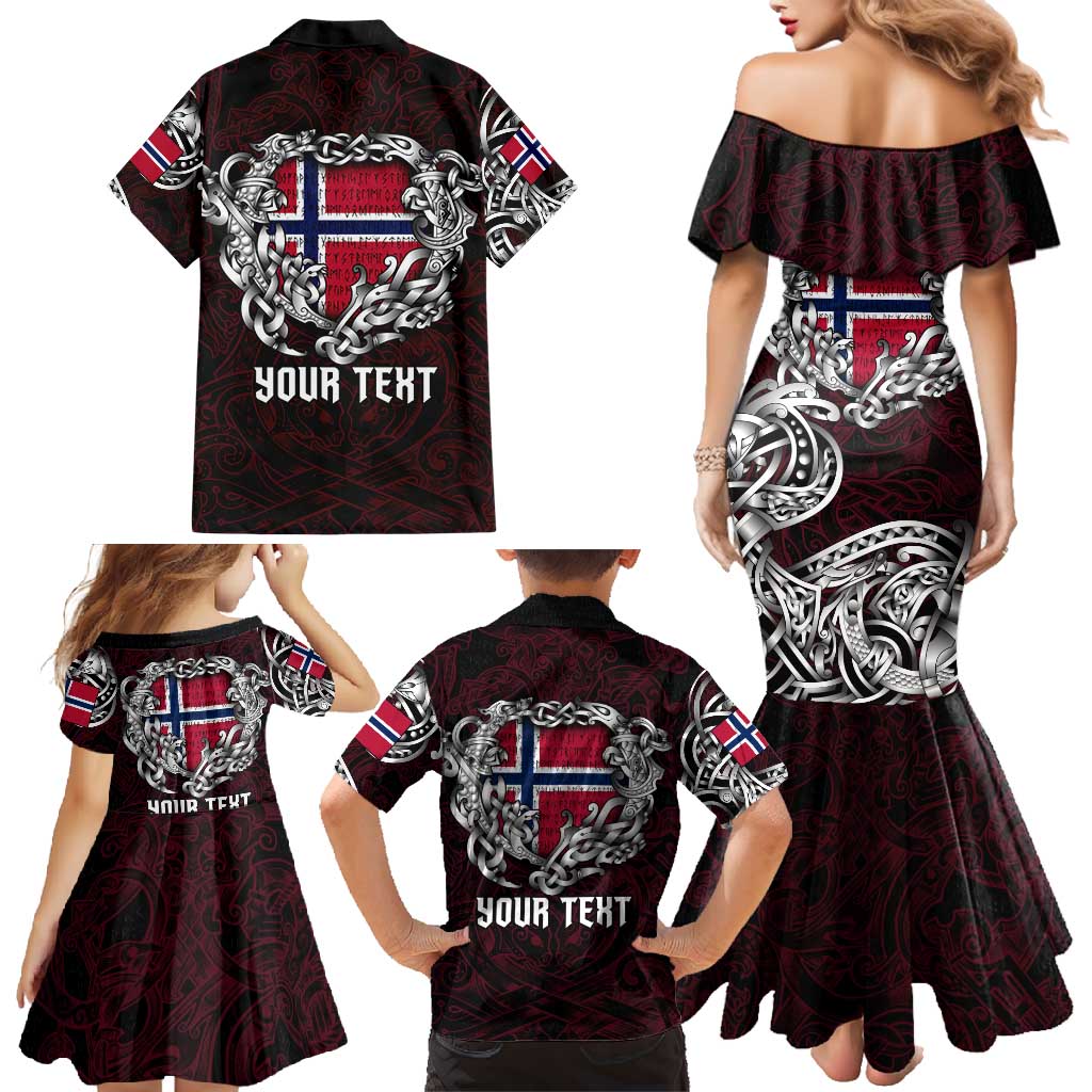 Personalized Norway Viking Blood Family Matching Mermaid Dress and Hawaiian Shirt Nordic Runes and Shield of Ancestry in Tribal Knotwork