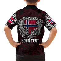 Personalized Norway Viking Blood Family Matching Off The Shoulder Long Sleeve Dress and Hawaiian Shirt Nordic Runes and Shield of Ancestry in Tribal Knotwork
