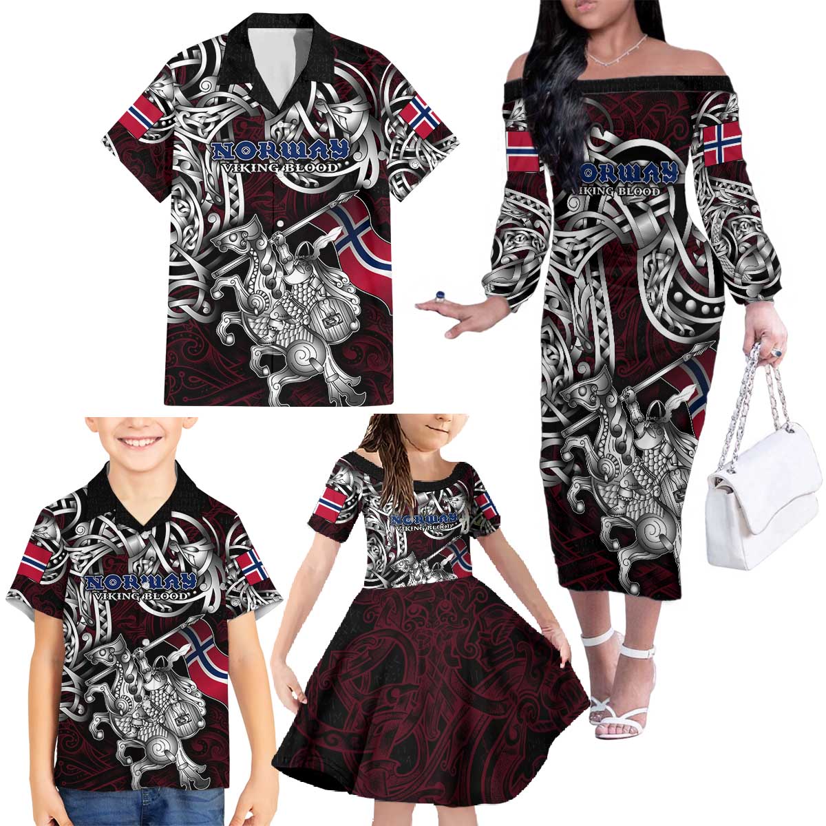 Personalized Norway Viking Blood Family Matching Off The Shoulder Long Sleeve Dress and Hawaiian Shirt Nordic Runes and Shield of Ancestry in Tribal Knotwork