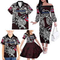 Personalized Norway Viking Blood Family Matching Off The Shoulder Long Sleeve Dress and Hawaiian Shirt Nordic Runes and Shield of Ancestry in Tribal Knotwork