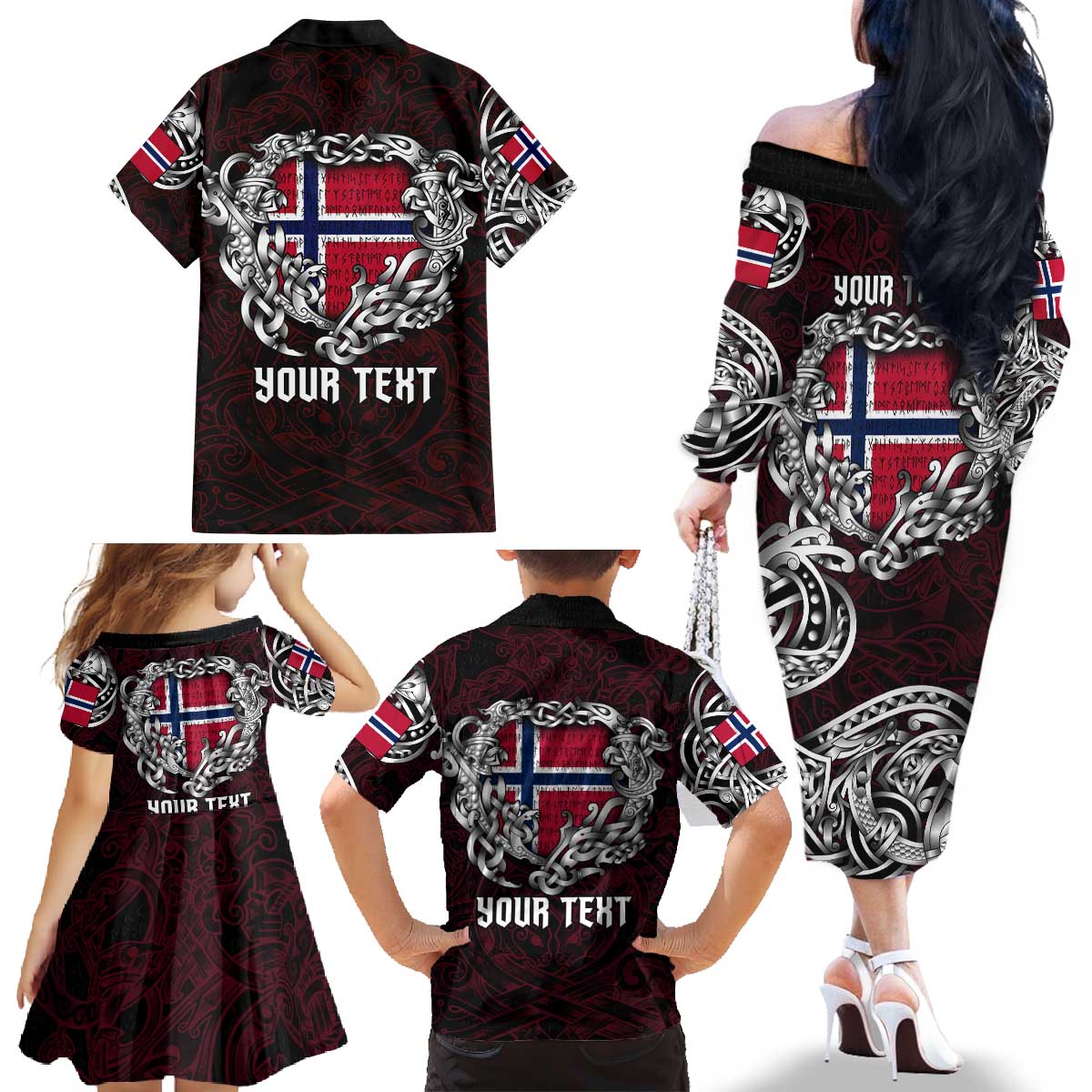 Personalized Norway Viking Blood Family Matching Off The Shoulder Long Sleeve Dress and Hawaiian Shirt Nordic Runes and Shield of Ancestry in Tribal Knotwork