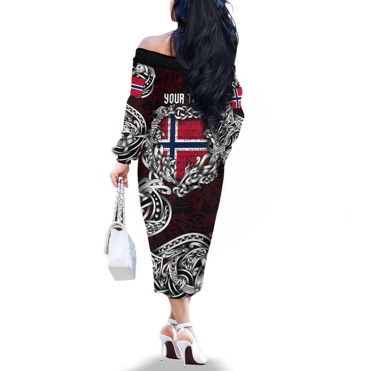 Personalized Norway Viking Blood Family Matching Off The Shoulder Long Sleeve Dress and Hawaiian Shirt Nordic Runes and Shield of Ancestry in Tribal Knotwork