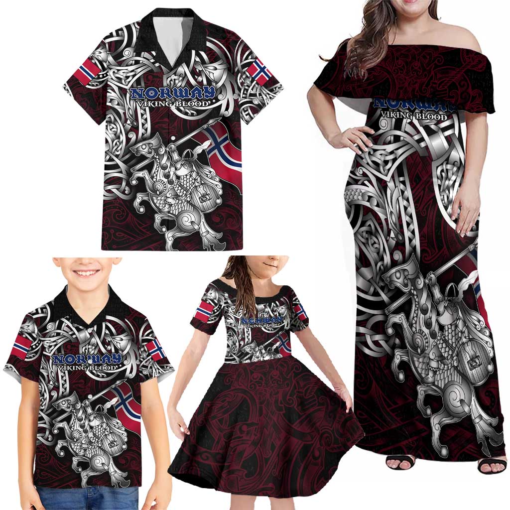 Personalized Norway Viking Blood Family Matching Off Shoulder Maxi Dress and Hawaiian Shirt Nordic Runes and Shield of Ancestry in Tribal Knotwork