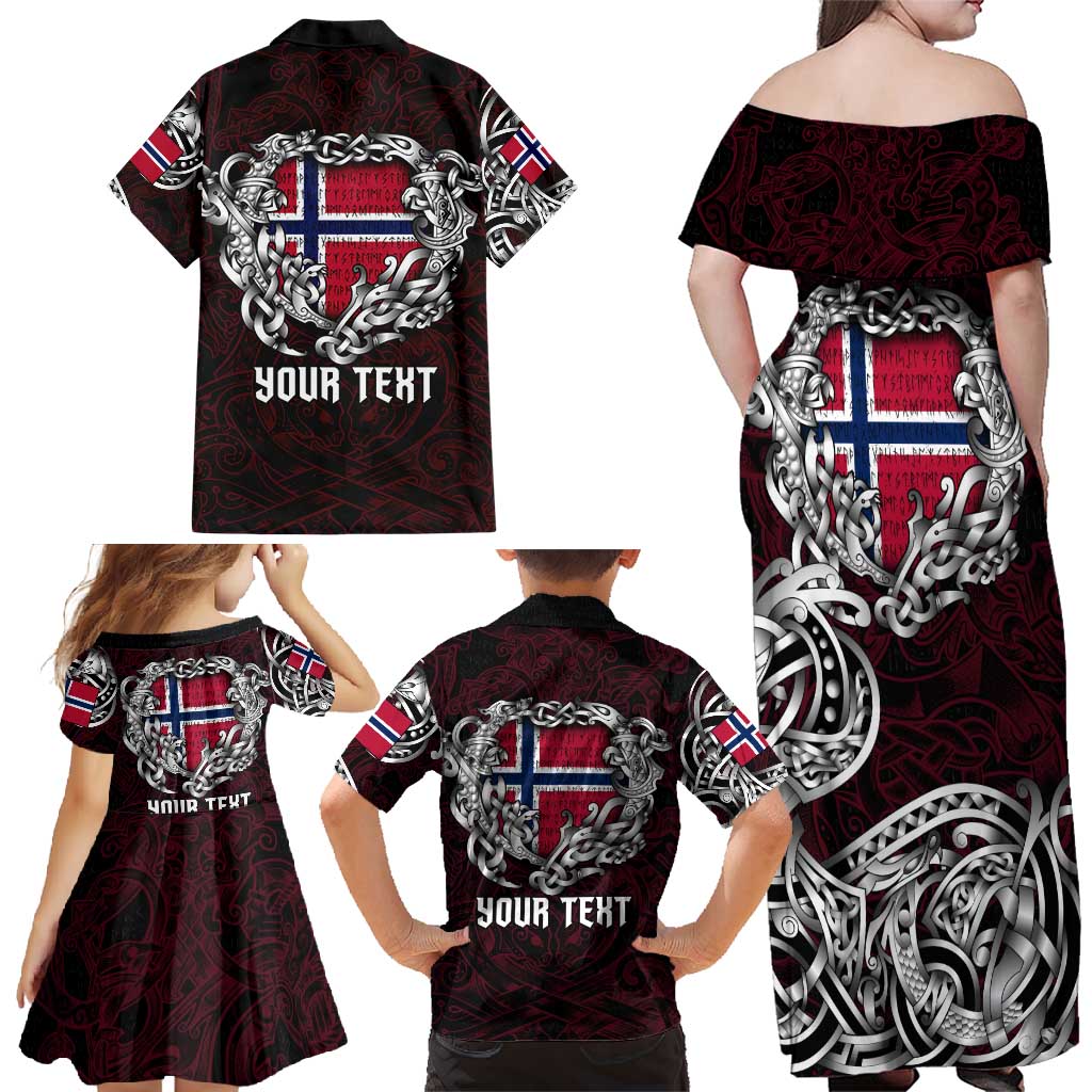 Personalized Norway Viking Blood Family Matching Off Shoulder Maxi Dress and Hawaiian Shirt Nordic Runes and Shield of Ancestry in Tribal Knotwork