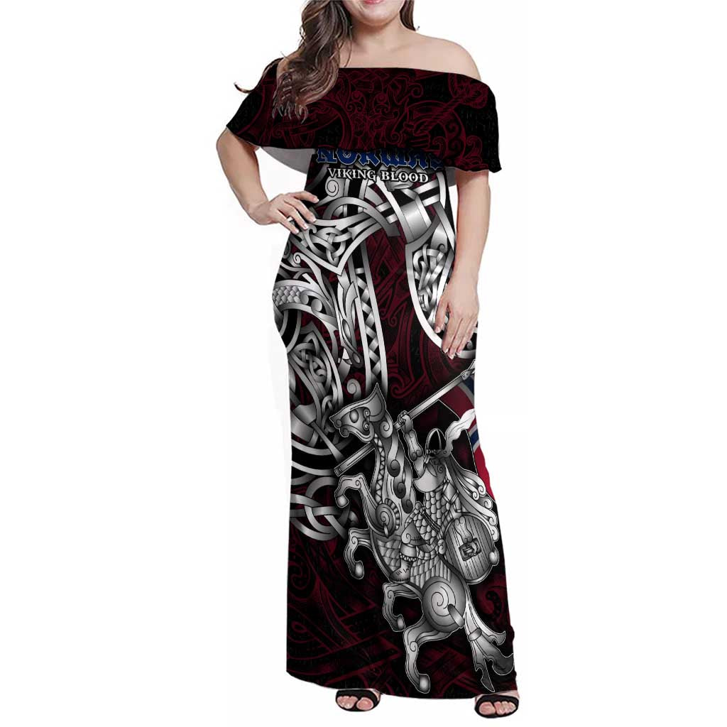 Personalized Norway Viking Blood Family Matching Off Shoulder Maxi Dress and Hawaiian Shirt Nordic Runes and Shield of Ancestry in Tribal Knotwork