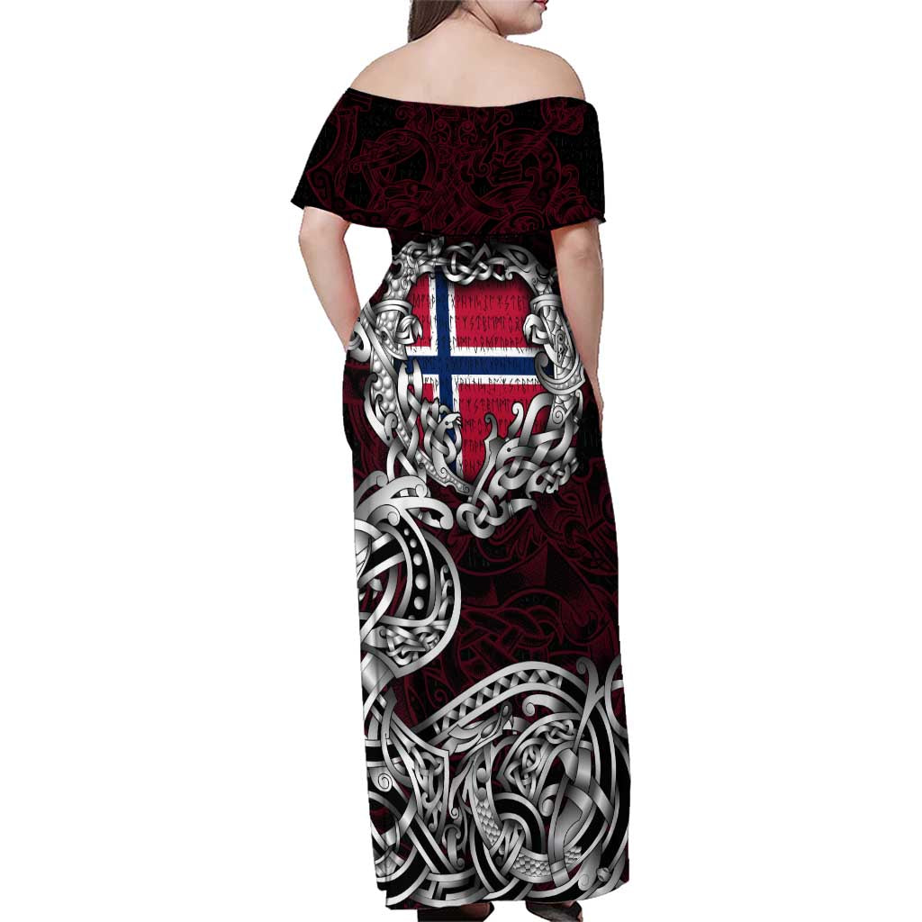 Personalized Norway Viking Blood Family Matching Off Shoulder Maxi Dress and Hawaiian Shirt Nordic Runes and Shield of Ancestry in Tribal Knotwork