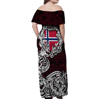 Personalized Norway Viking Blood Family Matching Off Shoulder Maxi Dress and Hawaiian Shirt Nordic Runes and Shield of Ancestry in Tribal Knotwork