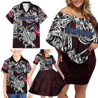 Personalized Norway Viking Blood Family Matching Off Shoulder Short Dress and Hawaiian Shirt Nordic Runes and Shield of Ancestry in Tribal Knotwork