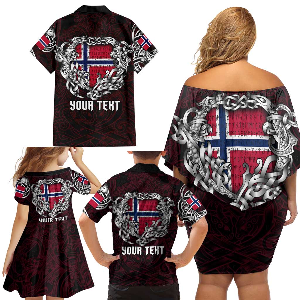 Personalized Norway Viking Blood Family Matching Off Shoulder Short Dress and Hawaiian Shirt Nordic Runes and Shield of Ancestry in Tribal Knotwork