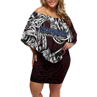 Personalized Norway Viking Blood Family Matching Off Shoulder Short Dress and Hawaiian Shirt Nordic Runes and Shield of Ancestry in Tribal Knotwork