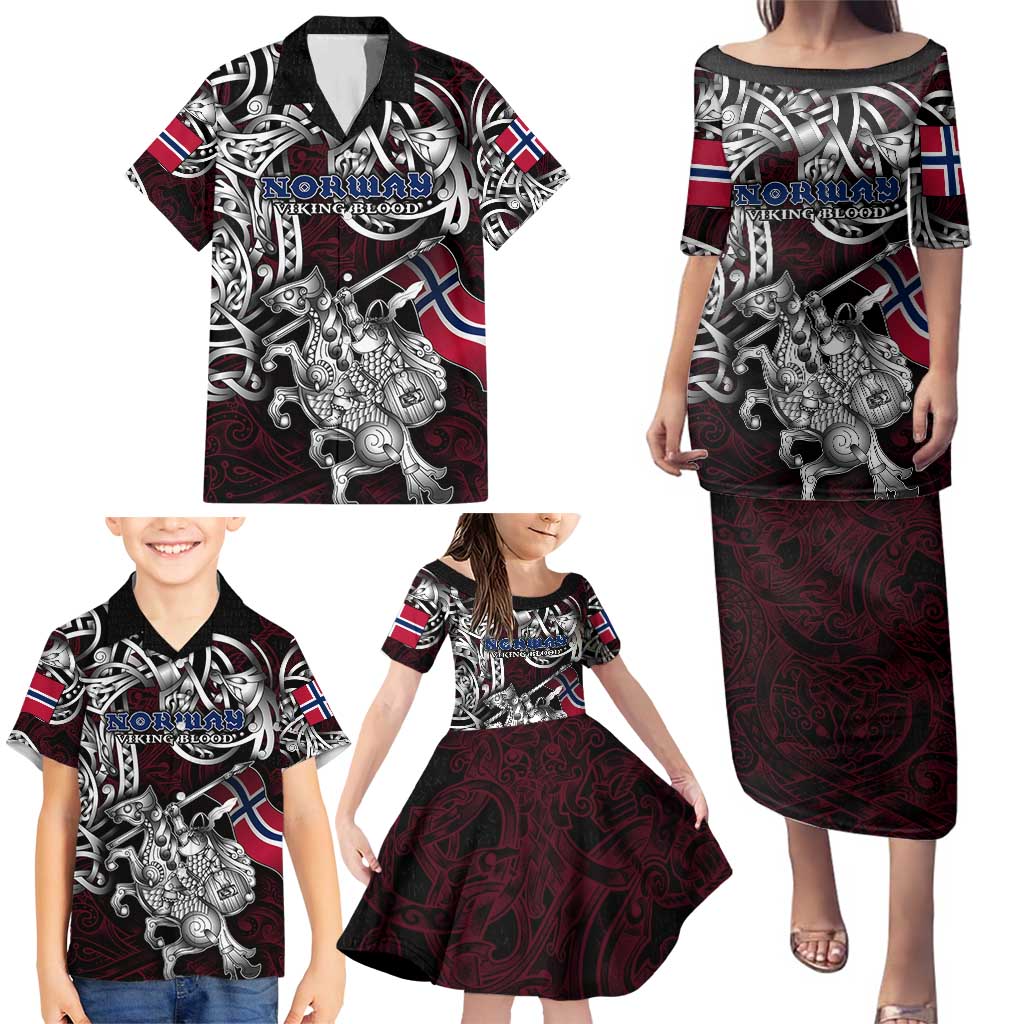 Personalized Norway Viking Blood Family Matching Puletasi and Hawaiian Shirt Nordic Runes and Shield of Ancestry in Tribal Knotwork