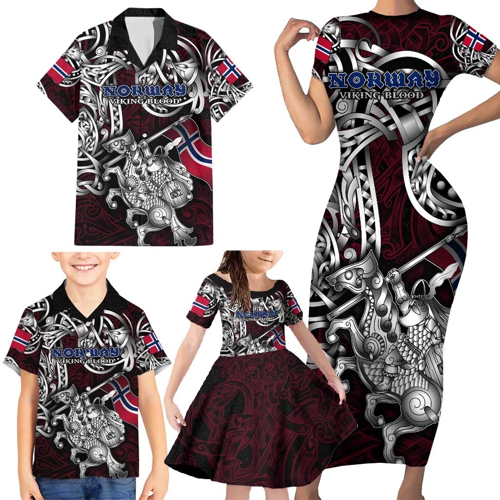 Personalized Norway Viking Blood Family Matching Short Sleeve Bodycon Dress and Hawaiian Shirt Nordic Runes and Shield of Ancestry in Tribal Knotwork