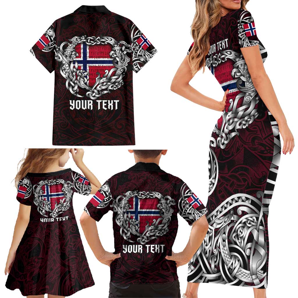 Personalized Norway Viking Blood Family Matching Short Sleeve Bodycon Dress and Hawaiian Shirt Nordic Runes and Shield of Ancestry in Tribal Knotwork