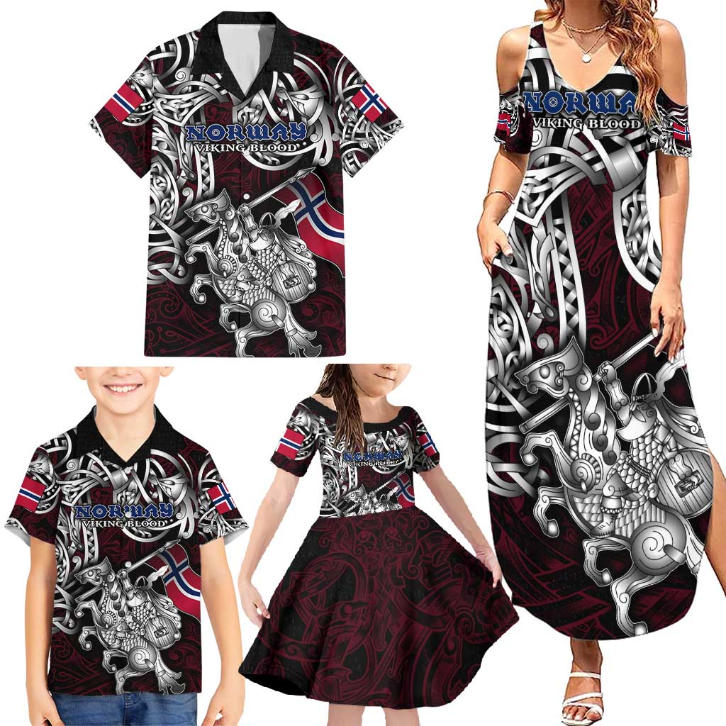 Personalized Norway Viking Blood Family Matching Summer Maxi Dress and Hawaiian Shirt Nordic Runes and Shield of Ancestry in Tribal Knotwork
