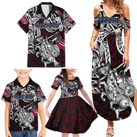 Personalized Norway Viking Blood Family Matching Summer Maxi Dress and Hawaiian Shirt Nordic Runes and Shield of Ancestry in Tribal Knotwork