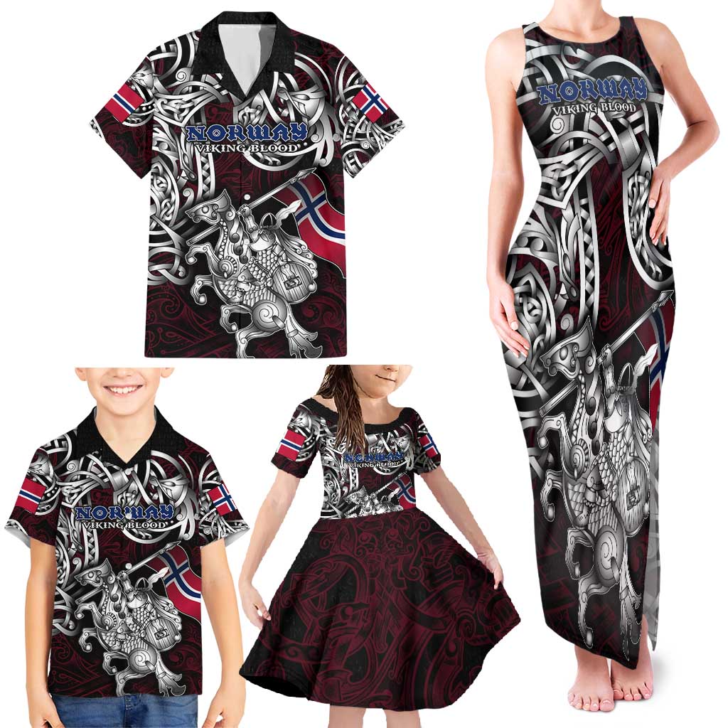 Personalized Norway Viking Blood Family Matching Tank Maxi Dress and Hawaiian Shirt Nordic Runes and Shield of Ancestry in Tribal Knotwork