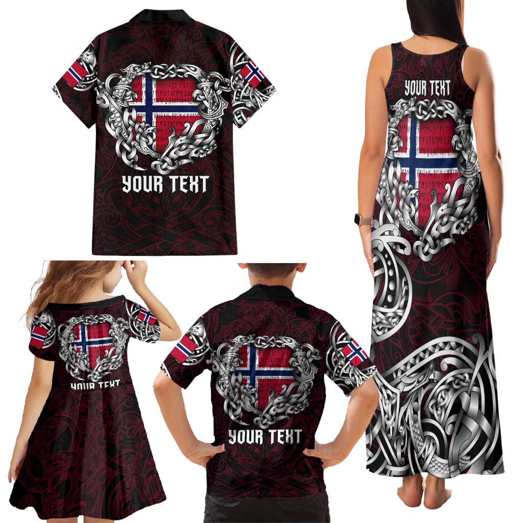 Personalized Norway Viking Blood Family Matching Tank Maxi Dress and Hawaiian Shirt Nordic Runes and Shield of Ancestry in Tribal Knotwork