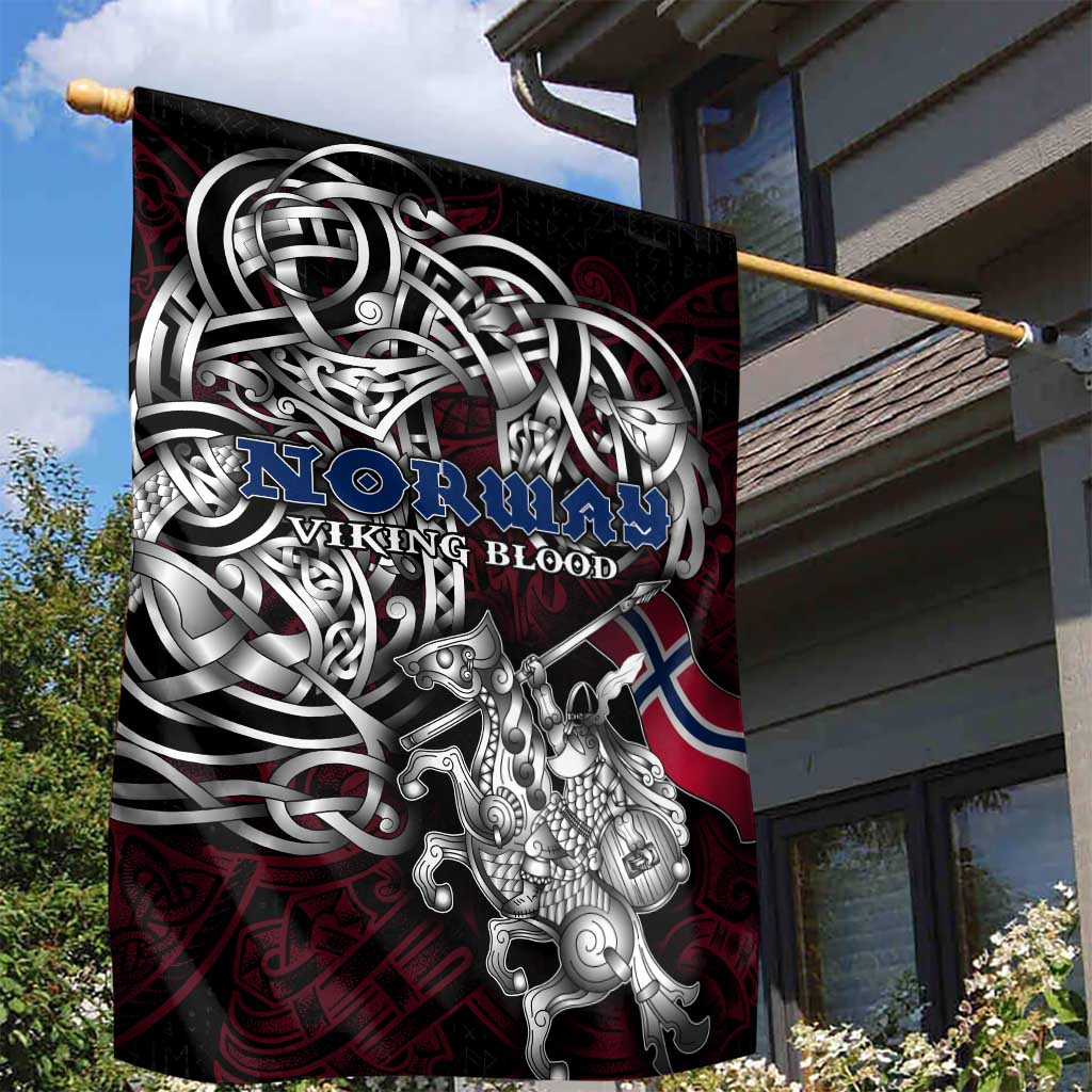 Norway Viking Blood Garden Flag Nordic Runes and Shield of Ancestry in Tribal Knotwork