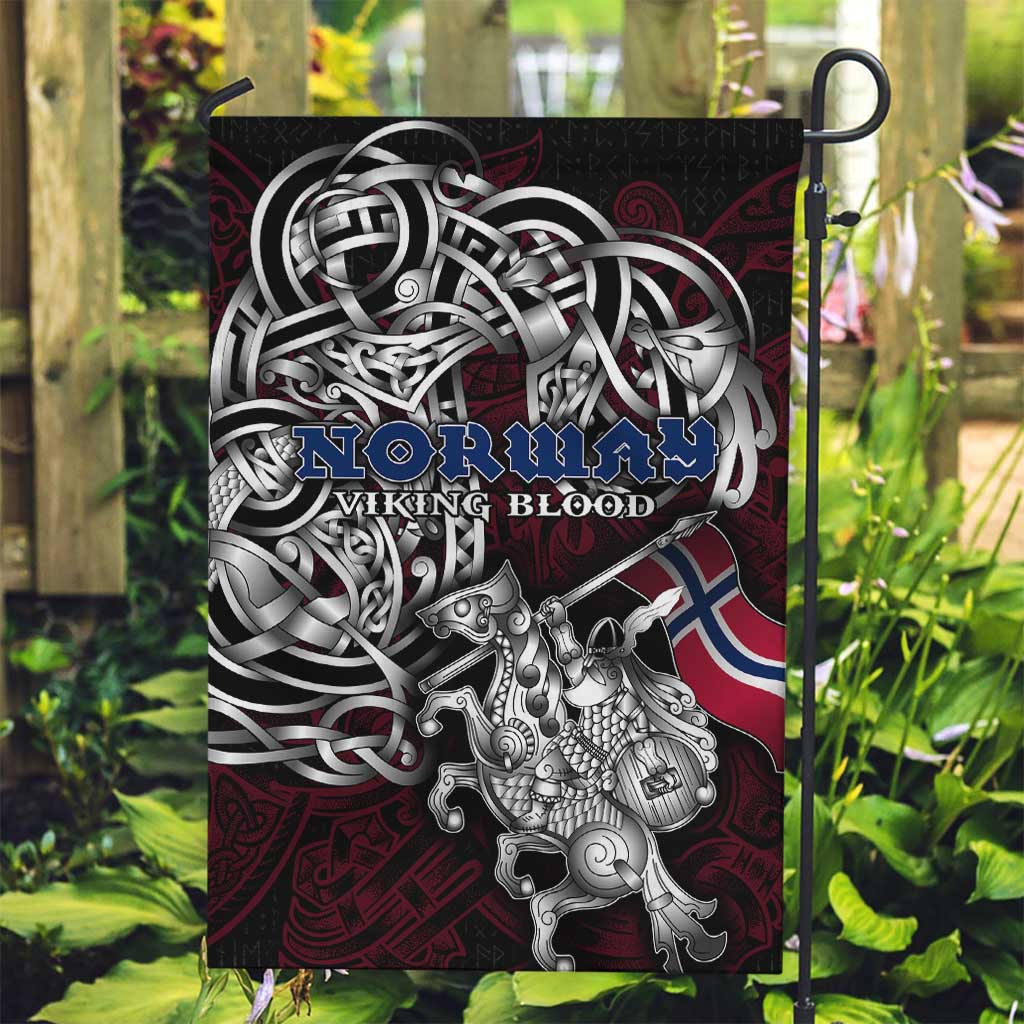 Norway Viking Blood Garden Flag Nordic Runes and Shield of Ancestry in Tribal Knotwork