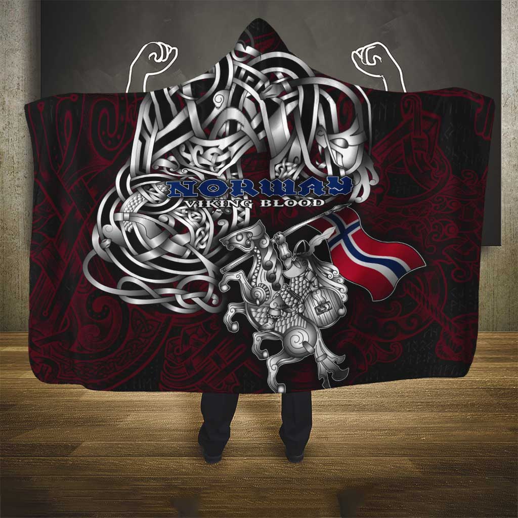 Norway Viking Blood Hooded Blanket Nordic Runes and Shield of Ancestry in Tribal Knotwork