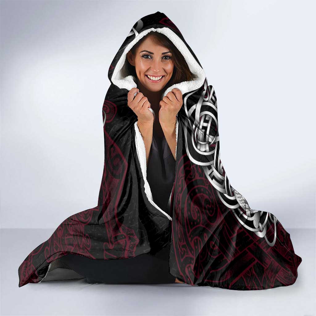 Norway Viking Blood Hooded Blanket Nordic Runes and Shield of Ancestry in Tribal Knotwork
