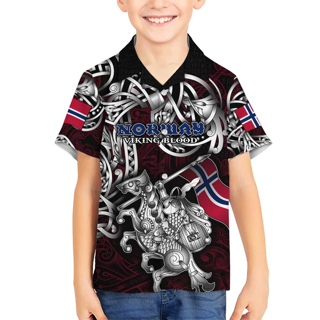 Personalized Norway Viking Blood Kid Hawaiian Shirt Nordic Runes and Shield of Ancestry in Tribal Knotwork