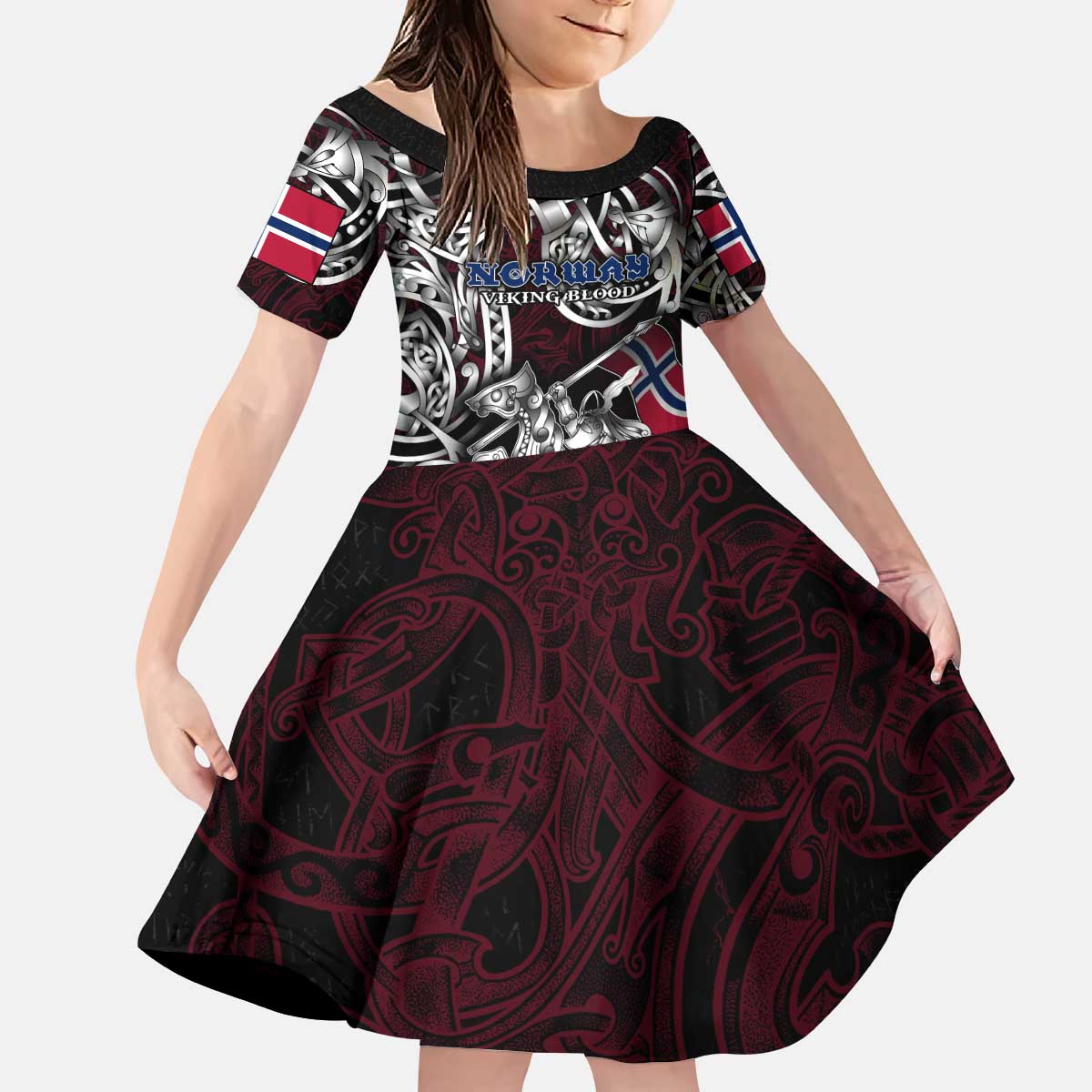 Personalized Norway Viking Blood Kid Short Sleeve Dress Nordic Runes and Shield of Ancestry in Tribal Knotwork