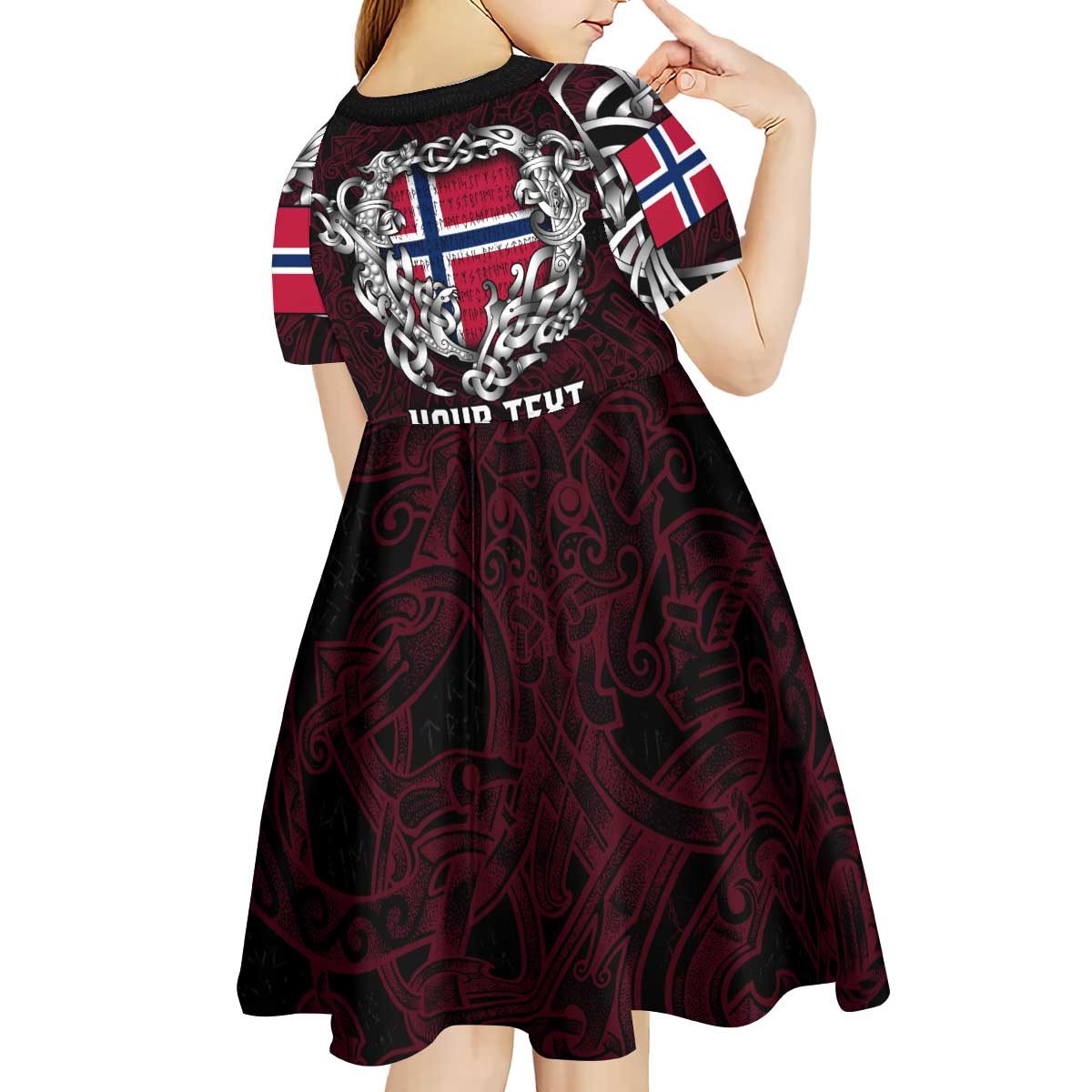 Personalized Norway Viking Blood Kid Short Sleeve Dress Nordic Runes and Shield of Ancestry in Tribal Knotwork