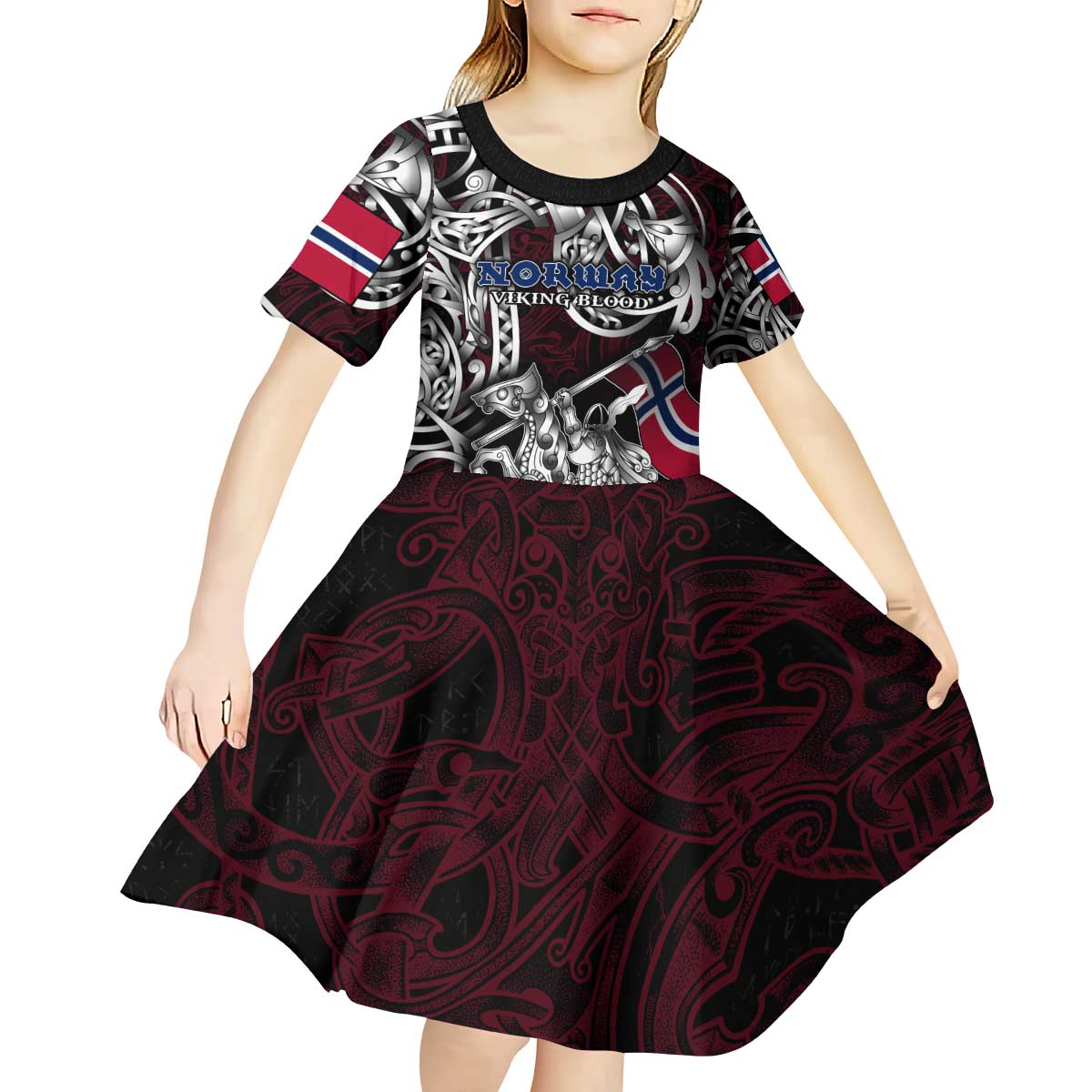 Personalized Norway Viking Blood Kid Short Sleeve Dress Nordic Runes and Shield of Ancestry in Tribal Knotwork