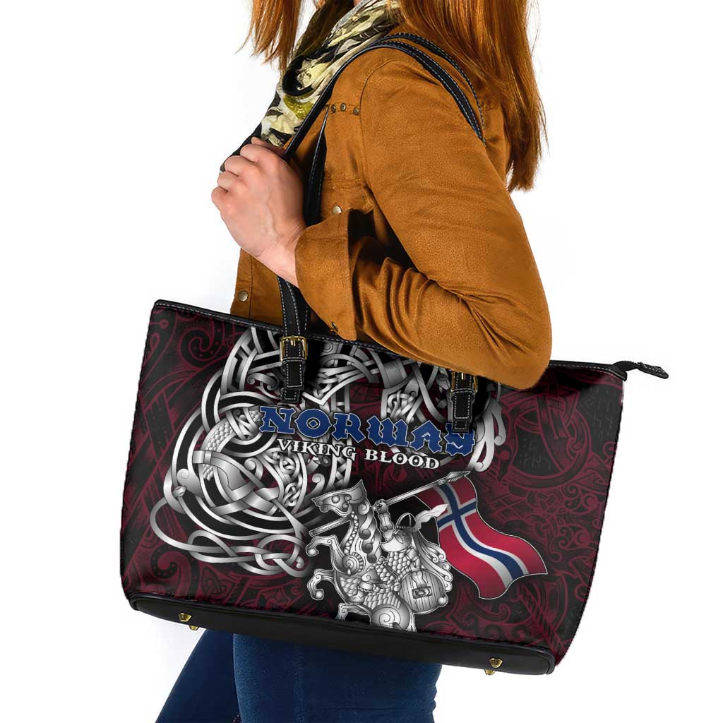 Norway Viking Blood Leather Tote Bag Nordic Runes and Shield of Ancestry in Tribal Knotwork