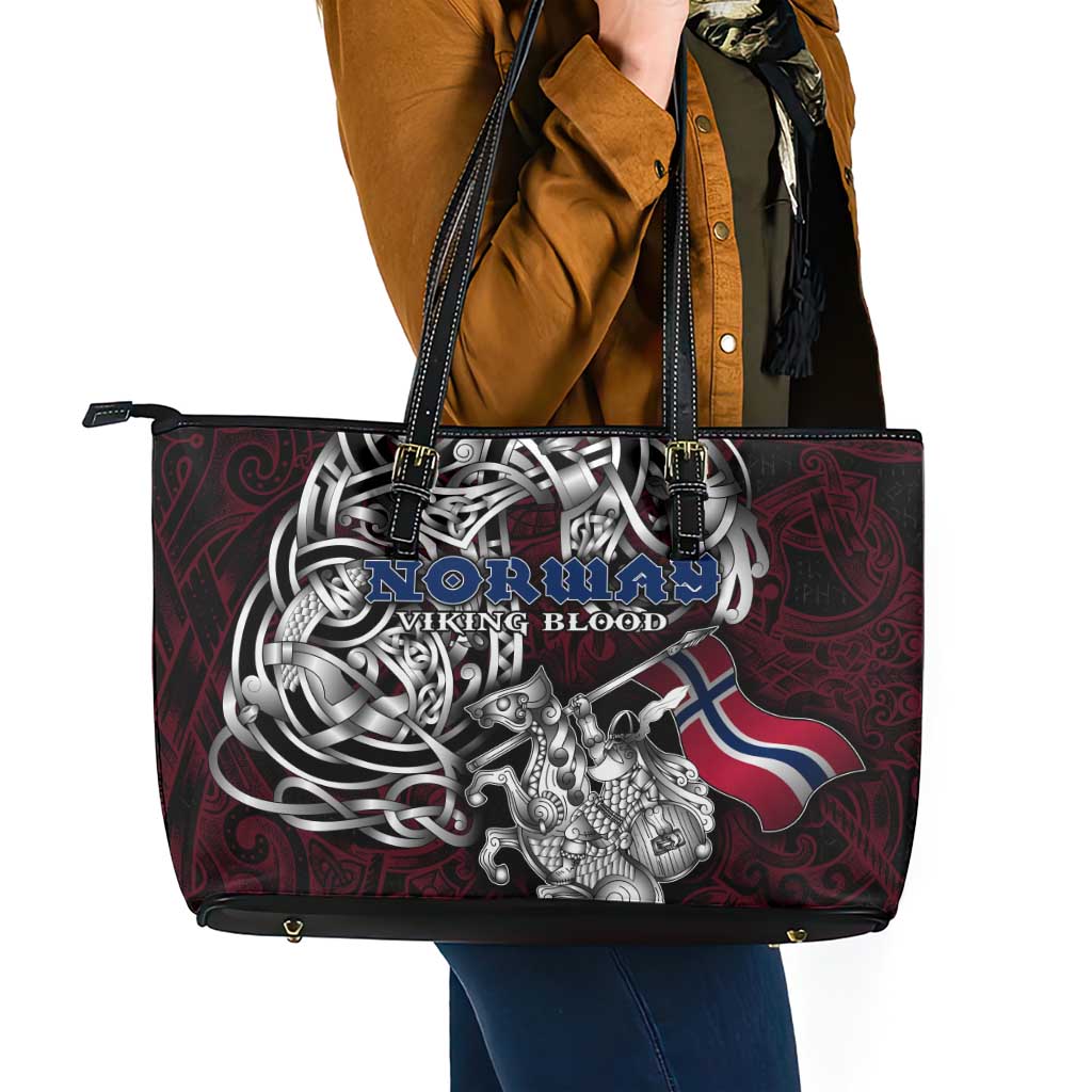 Norway Viking Blood Leather Tote Bag Nordic Runes and Shield of Ancestry in Tribal Knotwork