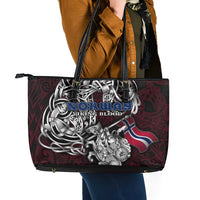 Norway Viking Blood Leather Tote Bag Nordic Runes and Shield of Ancestry in Tribal Knotwork
